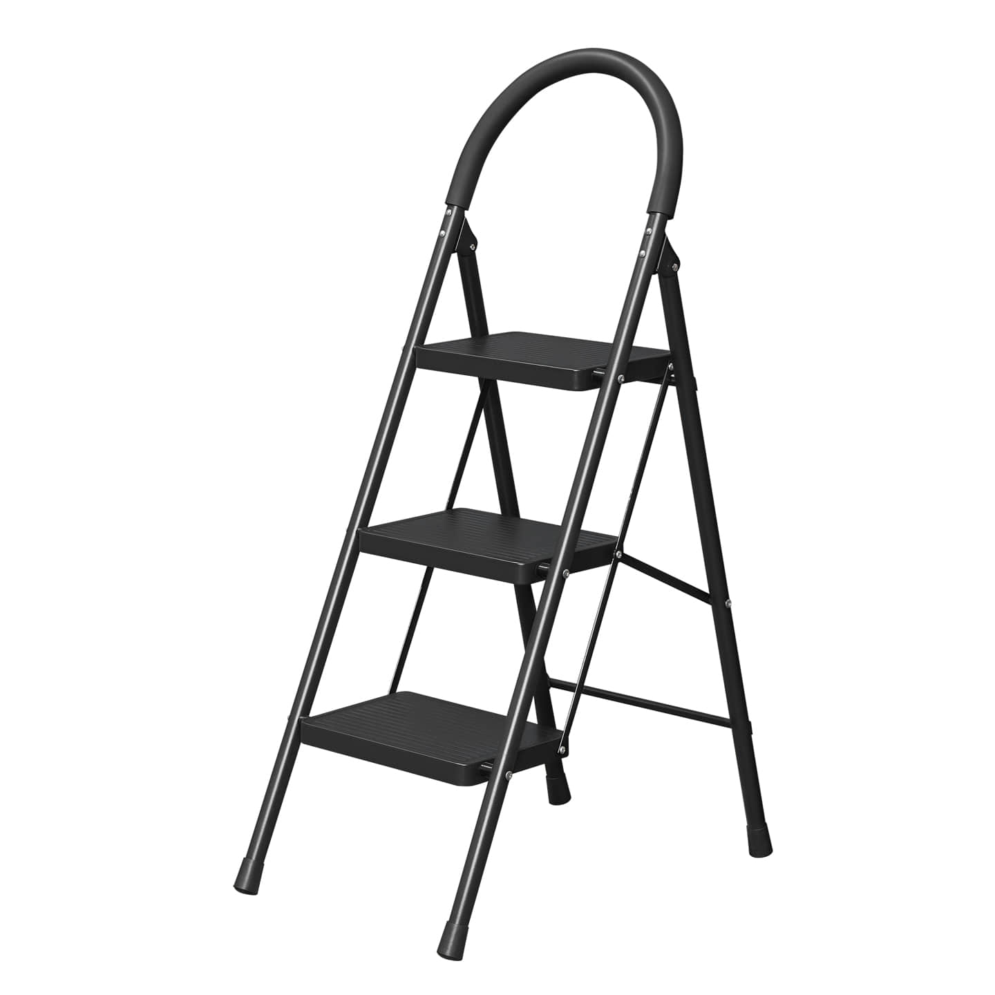 WY30H Black 3-Step Folding Ladder with Curved Handrail